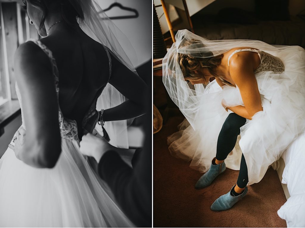 Side by side images of the bride dressing for her wedding at Raven Glacier Lodge, black and white of zipper being zipped and color photo of her putting on her shoes