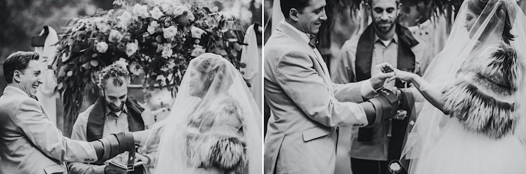 Black and white photos of hand fastening at Raven Glacier Lodge Wedding