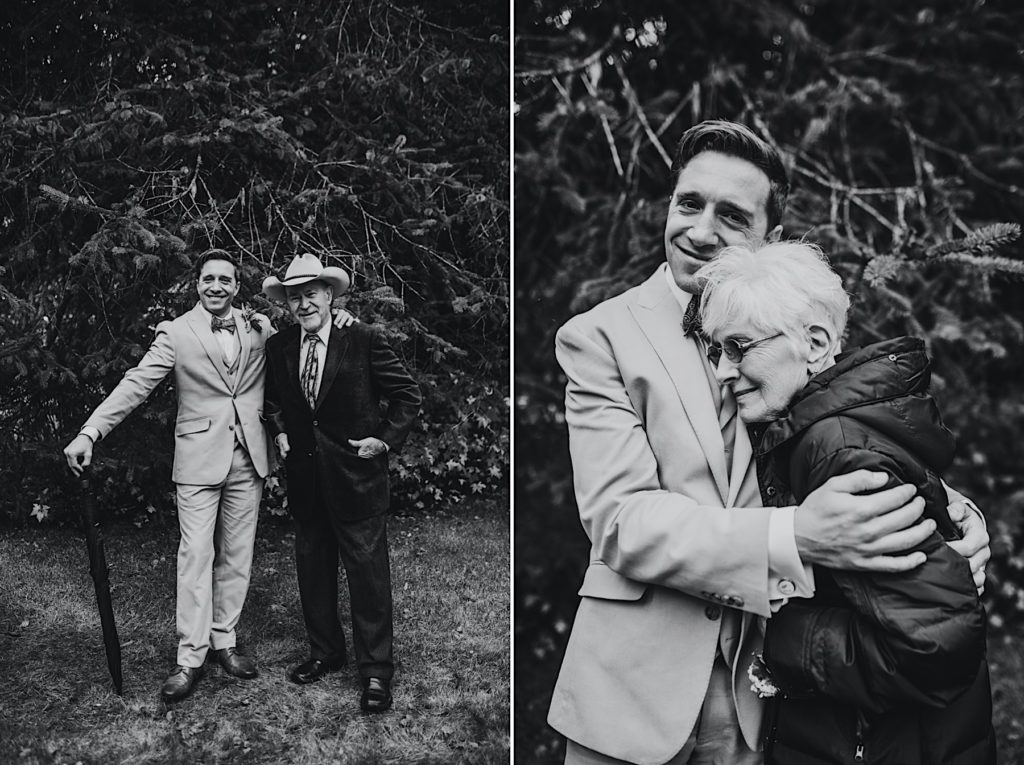 Black and white photos of the groom with his aunt and uncle during family photos
