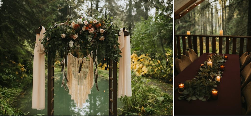 Arch in front of glacier pond at Raven Glacier Lodge with florals and a macrame dream catcher, and detail photo of tables with candles at reception