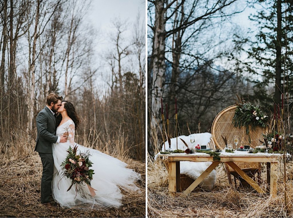 Boho bride and groom kissing in straw gras, side by side boho table scape with peacock chairs and candles