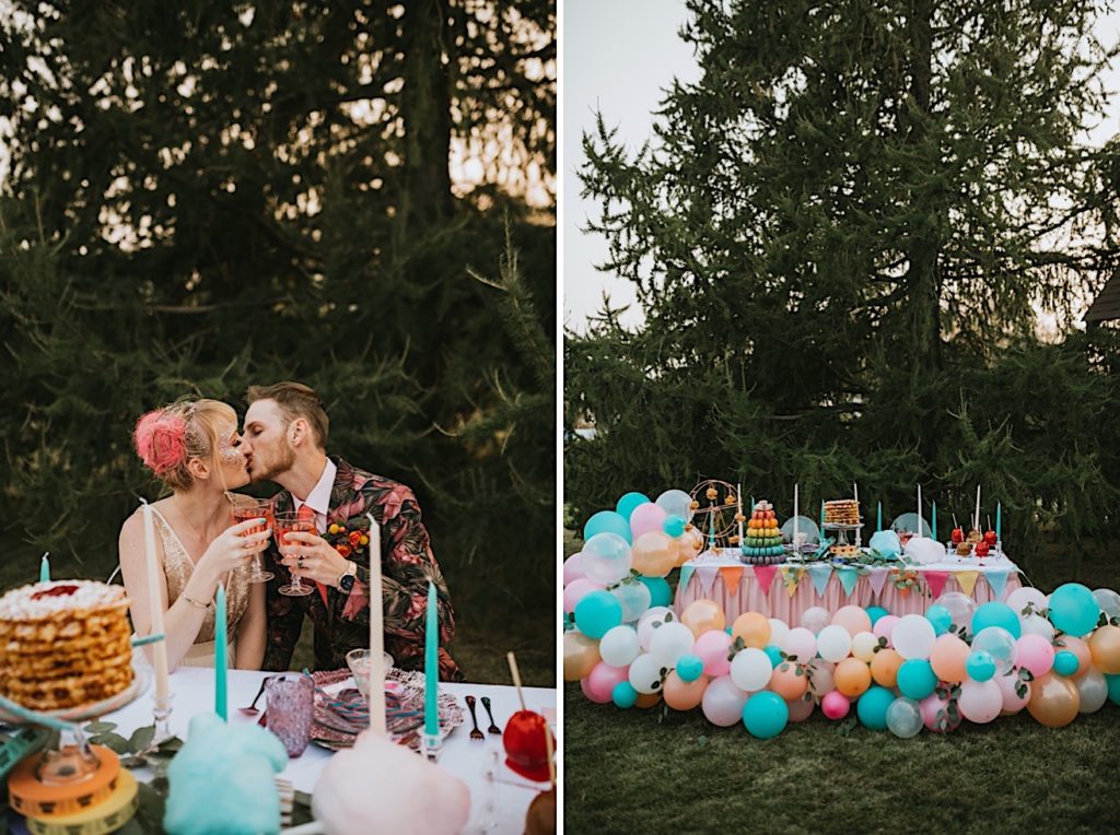 Carnival inspired wedding table side by side with couple cheersing their drinks