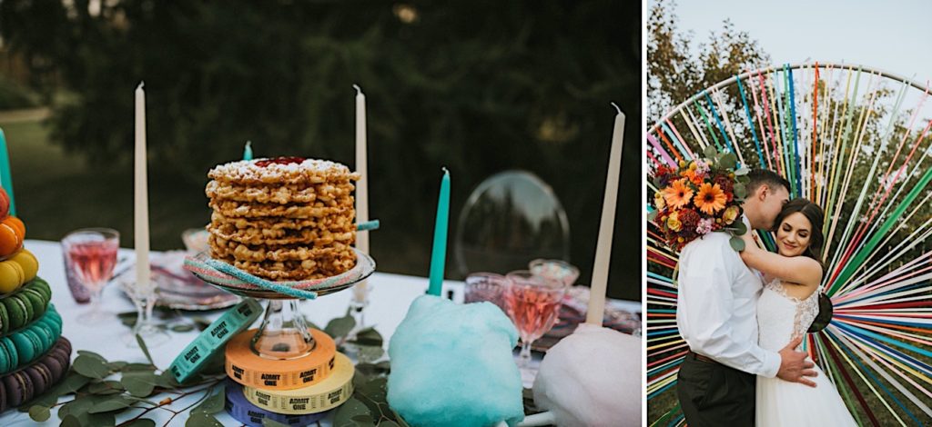 Carnival inspired wedding table side by side with couple in front of carnival wedding arch