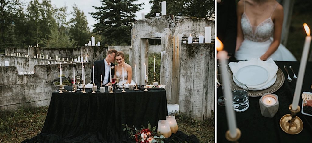 Candlelit wedding table with couple side by side with her place setting