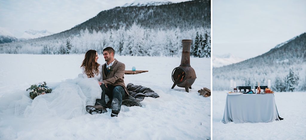 Couple snuggled up with wood stove in winter wedding setting and winter table scape