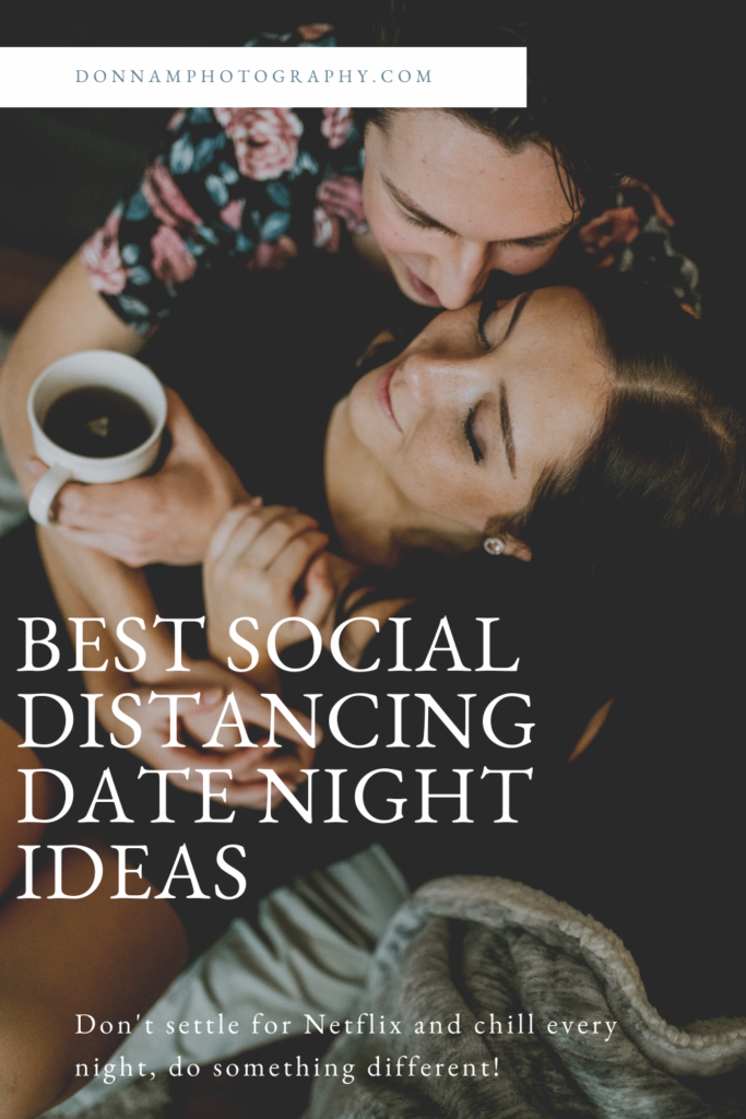 A couple snuggled up sipping coffee together duringSocial distancing date night ideas during Covid-19