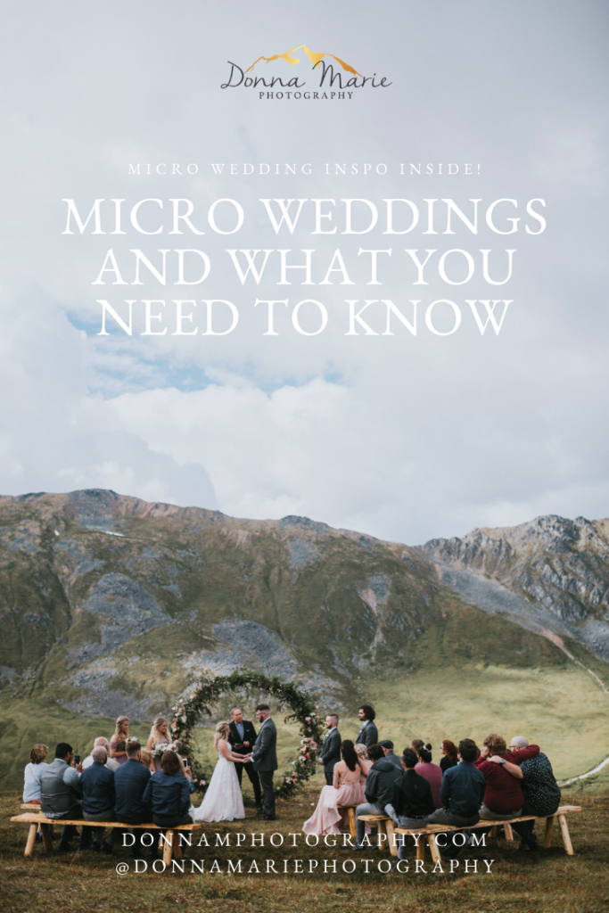 Intimate wedding with guests seated on benches in Hatcher Pass during ceremony