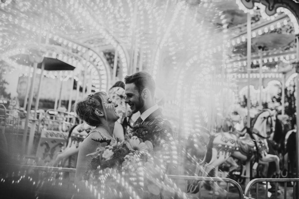 Black and white refracted light prism wedding photo