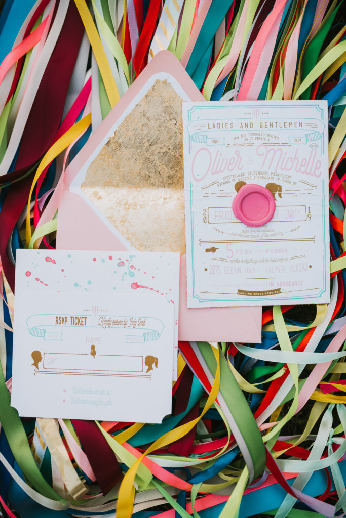 Colorful pink and gold wedding invitation suite