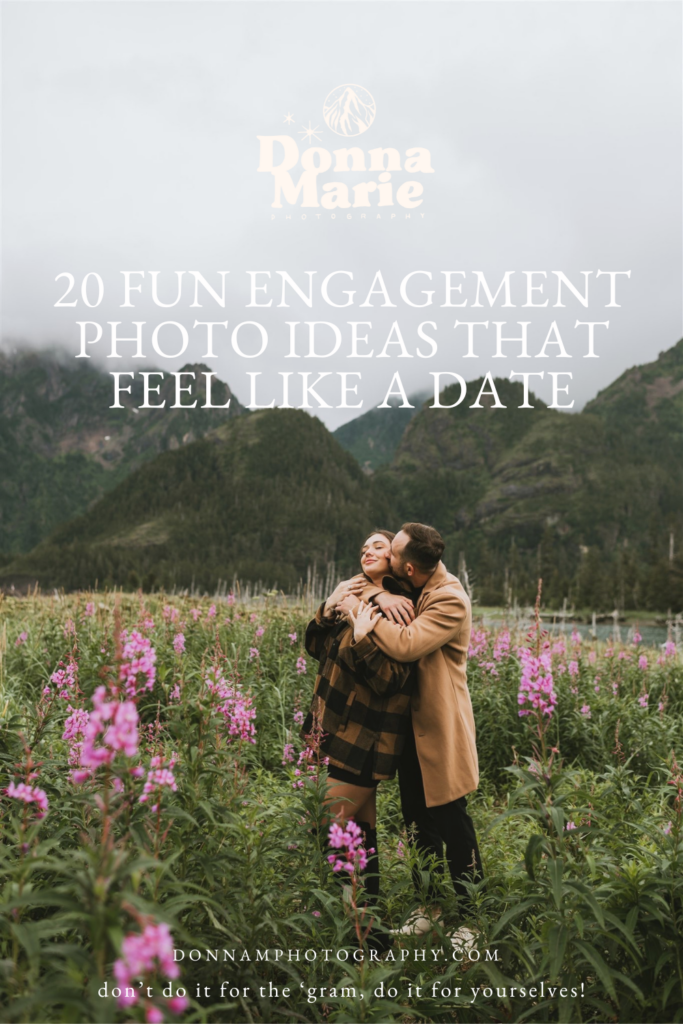 A couple embracing in a flower field with mountains in the background, under text promoting engagement photo ideas from a professional engagement photographer.
