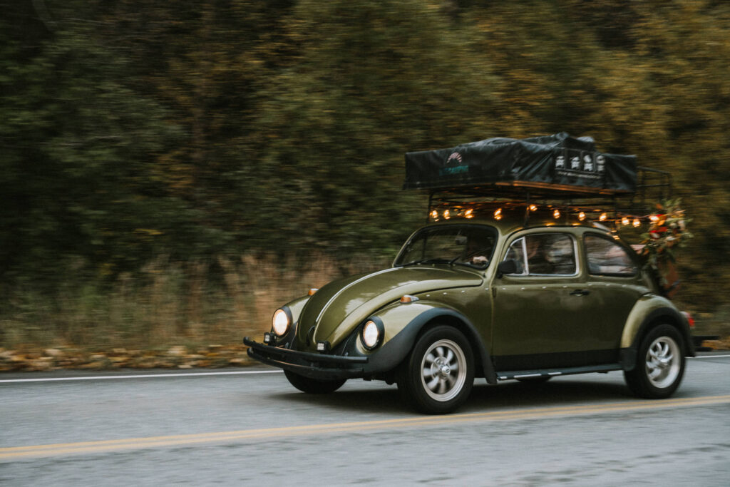 A green vintage Volkswagen Beetle with a roof rack and lights drives down a road lined with autumn trees.