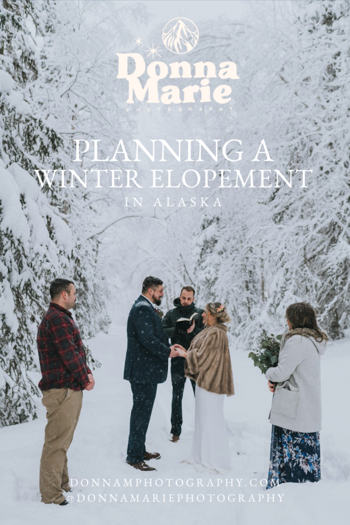 In an enchanting winter elopement ceremony, a couple stands poised in the Alaskan snow, surrounded by a few attendees and snow-draped trees.