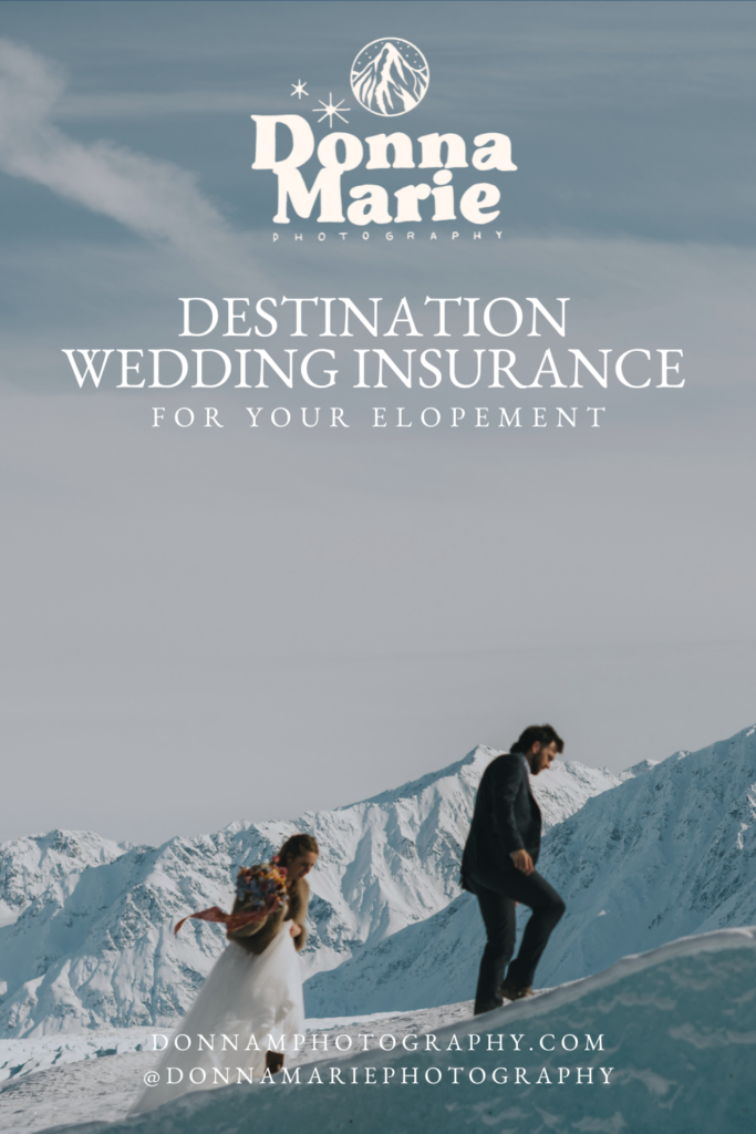 A couple strolls on snowy terrain beneath a clear sky, with text highlighting the importance of destination wedding insurance for your elopement, elegantly captured by Donna Marie Photography.