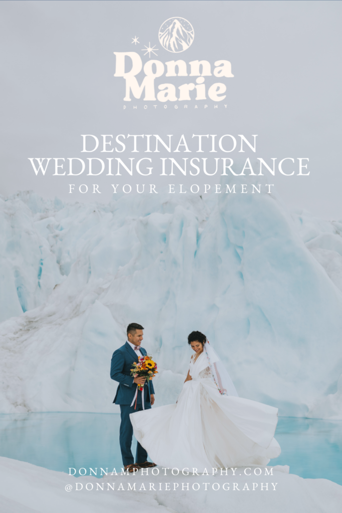 A couple in formal attire stands on a snowy landscape with icebergs in the background. The bride holds her dress while the groom clutches a bouquet. Text reads "Secure Your Special Day: Destination Wedding Insurance for Your Elopement.