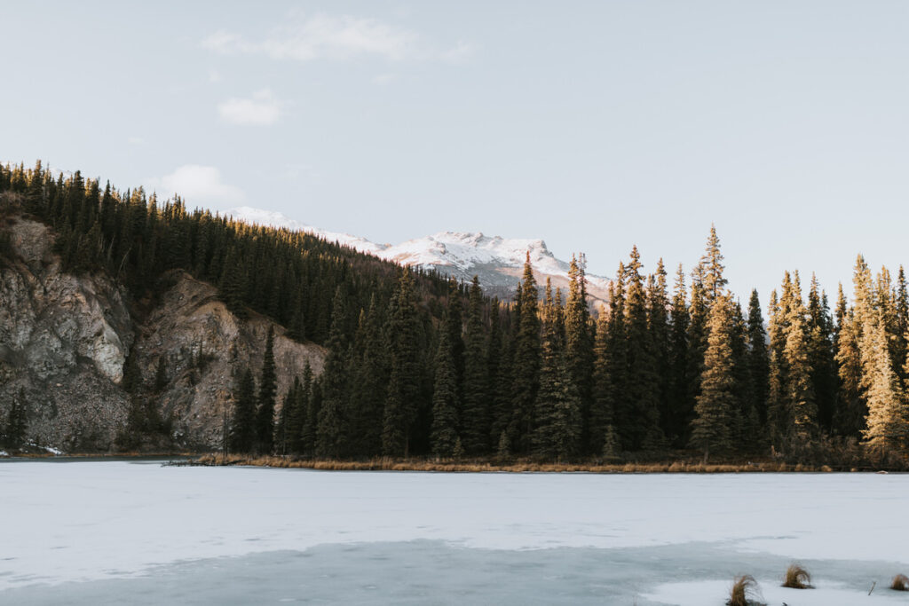 A frozen lake in the foreground, dense evergreen trees along the shore, and snow-capped mountains in the background under a clear sky—this scene captures the breathtaking beauty found on many Alaska hikes.