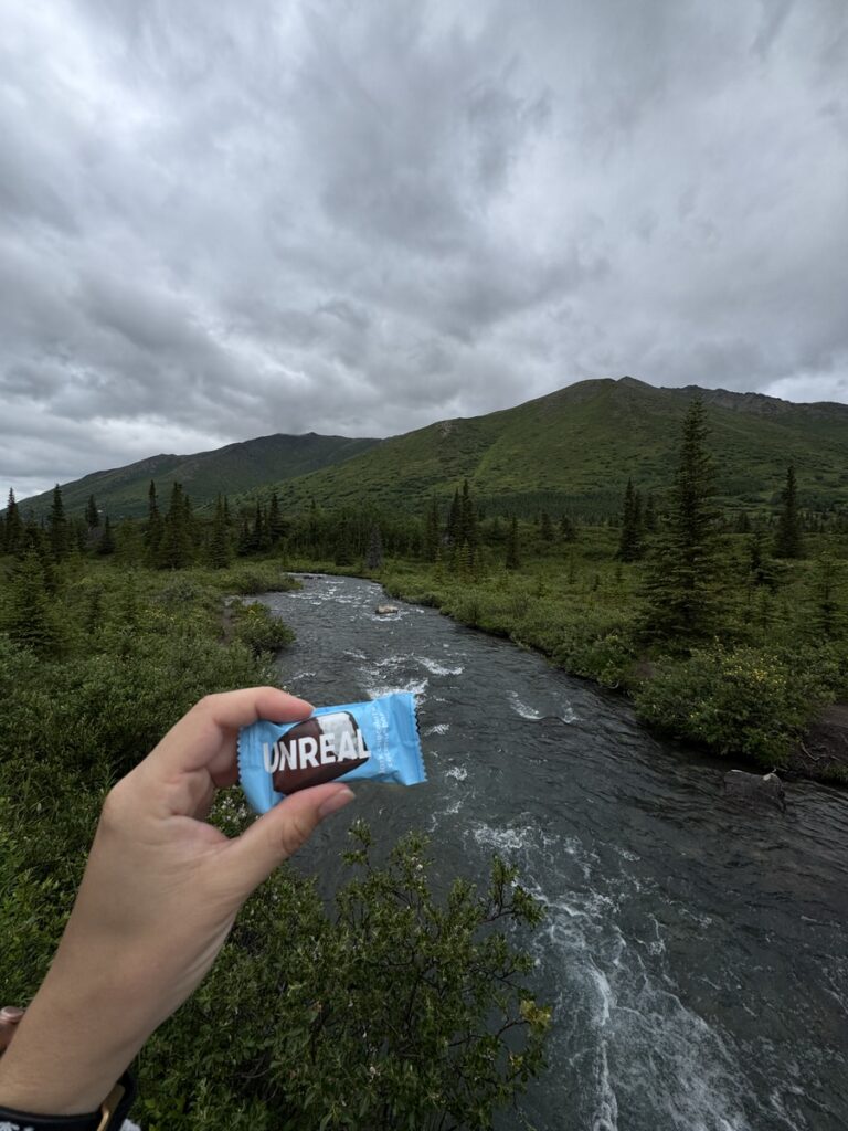 A hand holds a blue-wrapped "UNREAL" candy bar during one of Alaska hikes, with a river, dense green foliage, and mountains beneath a cloudy sky in the background.