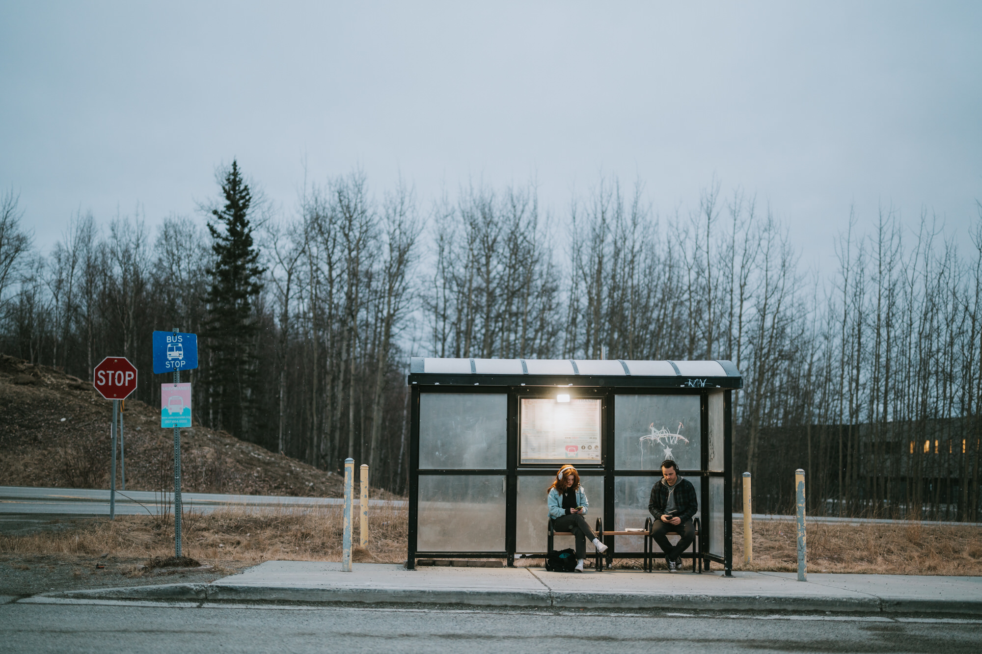 Two people sit inside a glass bus shelter at dusk, with bare trees and a stop sign in the background on a quiet roadside.